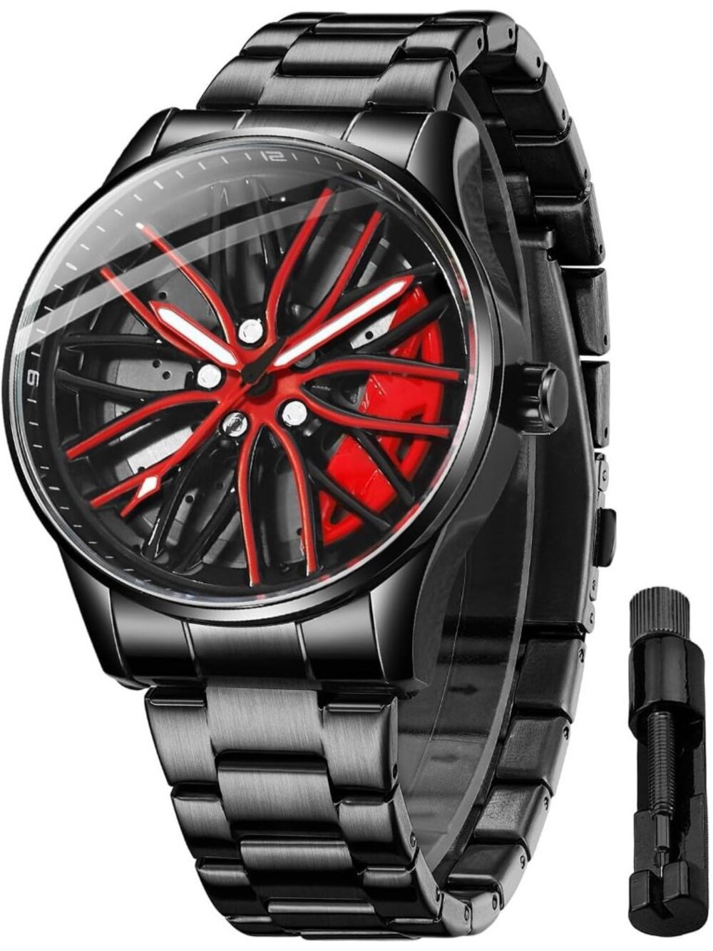 Men's Black Red 3D Spinning Car Wheel Rotating Stainless Steel Strap Wrist Watch